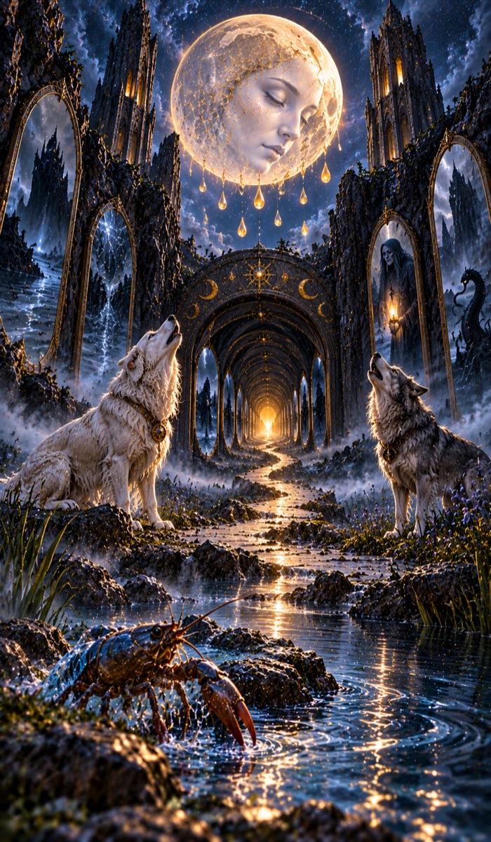 The Moon tarot card (The Tunnel of Doom) from the Eutheum deck