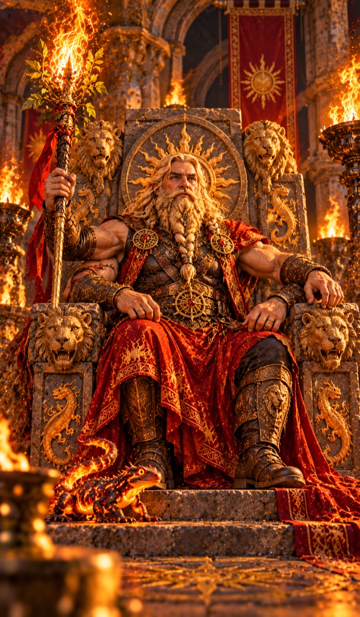 King of Wands tarot card (King of Fire: Lean) from the Eutheum deck