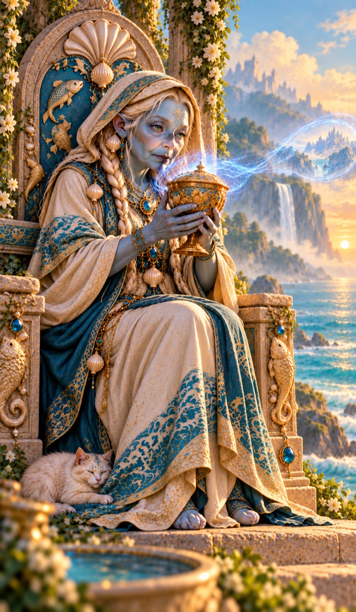 Queen of Cups tarot card (Queen of Water: Relena) from the Eutheum deck