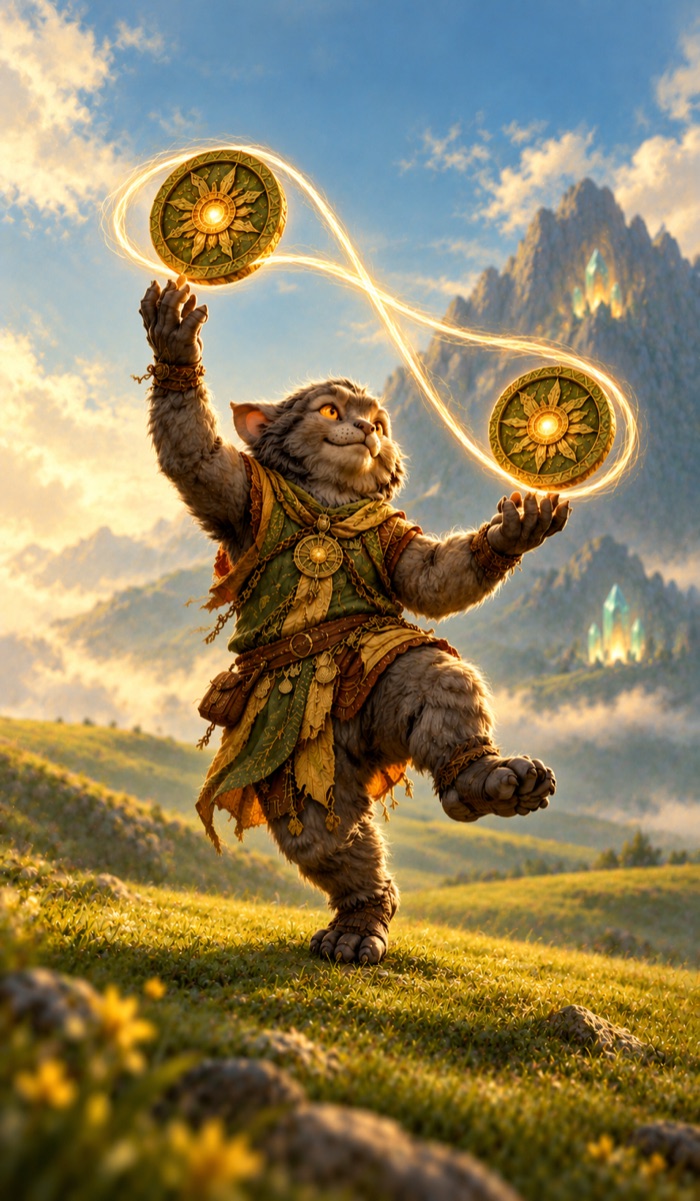 Two of Pentacles tarot card (Two of Earth) from the Eutheum deck